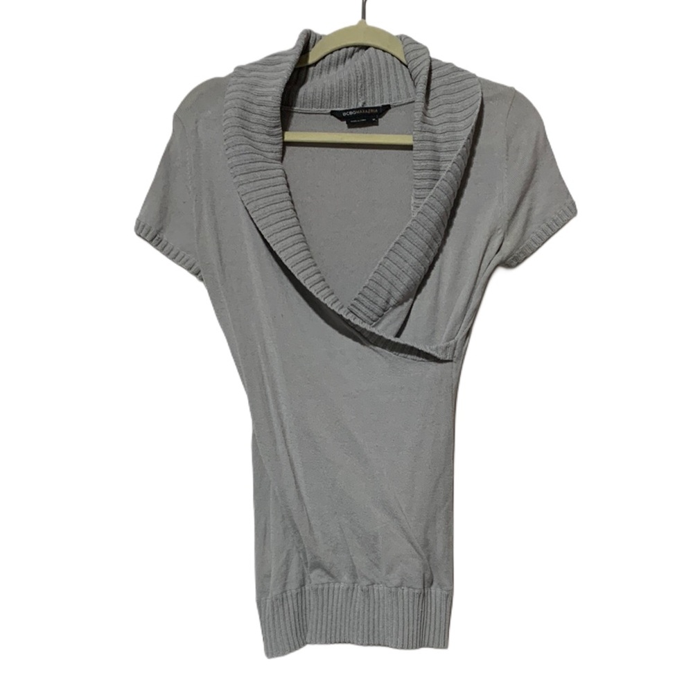 Y2K BCBGMaxazria Gray Short Sleeve Faux Wrap Sweater Top